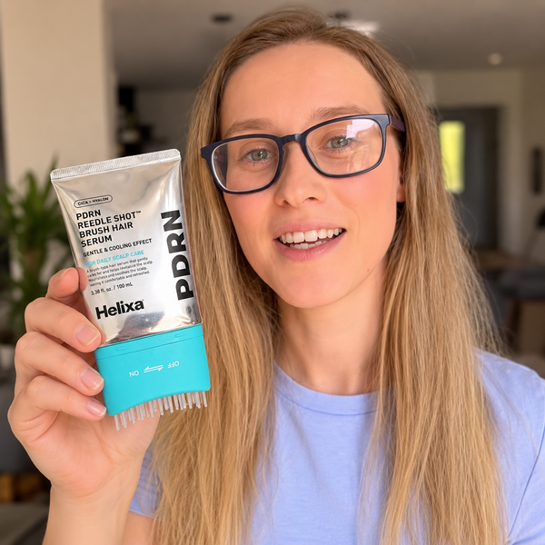 Customer holding Helixa scalp serum